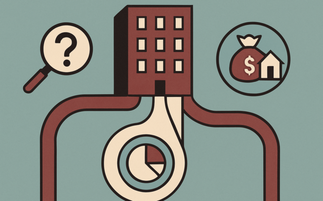 Ilustración de tres modelos de inversión inmobiliaria desde un edificio